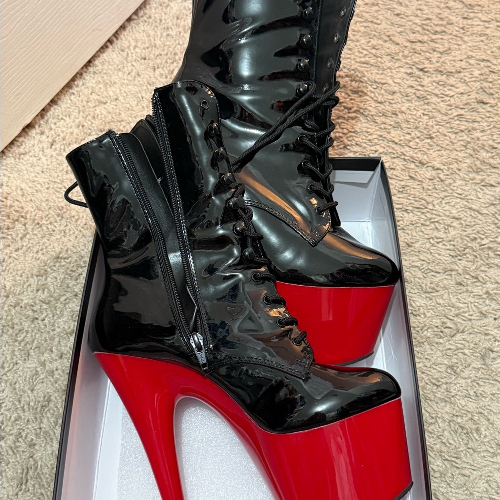 Pleaser Black and Red Patent Platform Boots
